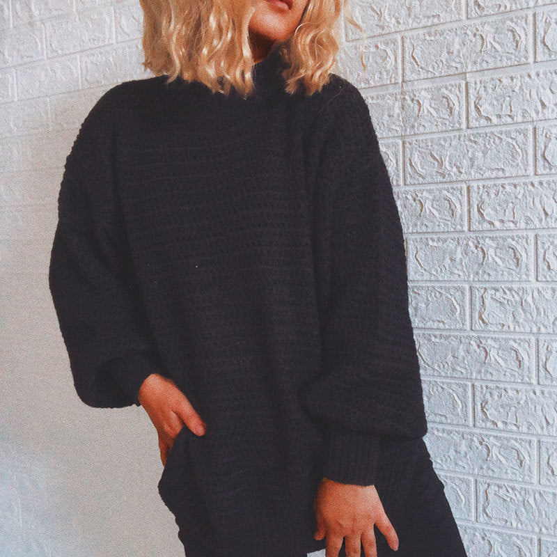 Damen Strickpullover Hochkragen Volumärmel Grau Eveloria