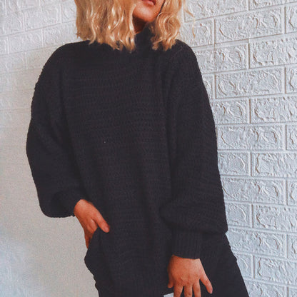 Damen Strickpullover Hochkragen Volumärmel Grau Eveloria