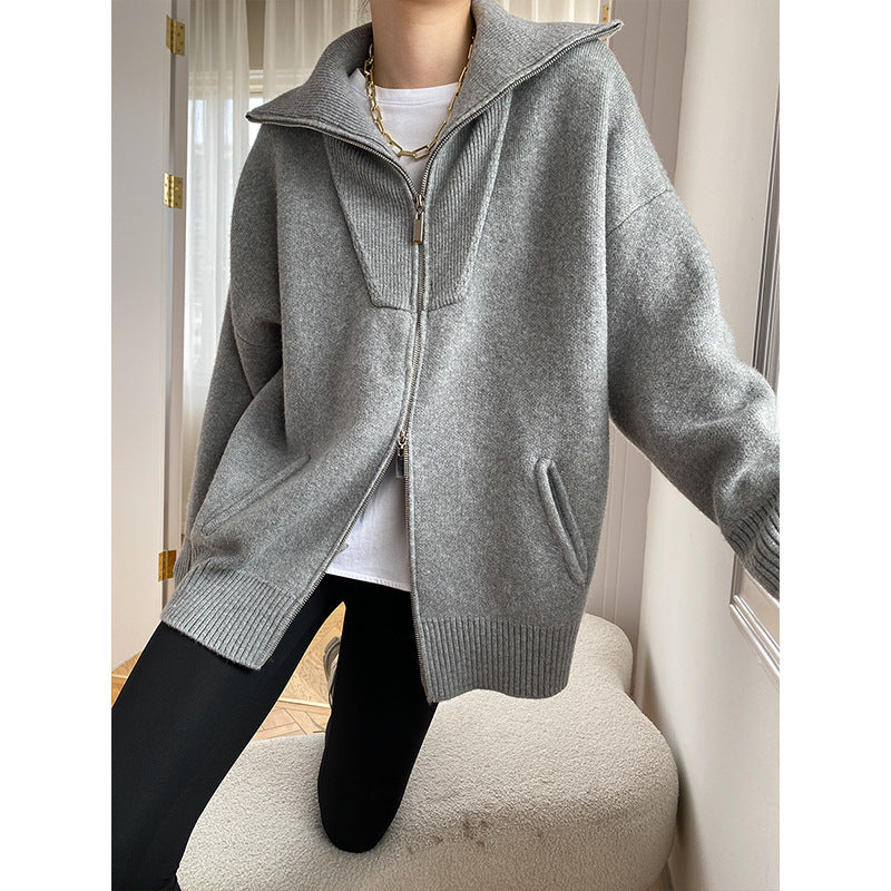 Damen Strickjacke Lässig Hochkragen Seitentaschen Schwarz Eveloria - Eveloria
