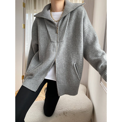 Damen Strickjacke Lässig Hochkragen Seitentaschen Schwarz Eveloria - Eveloria