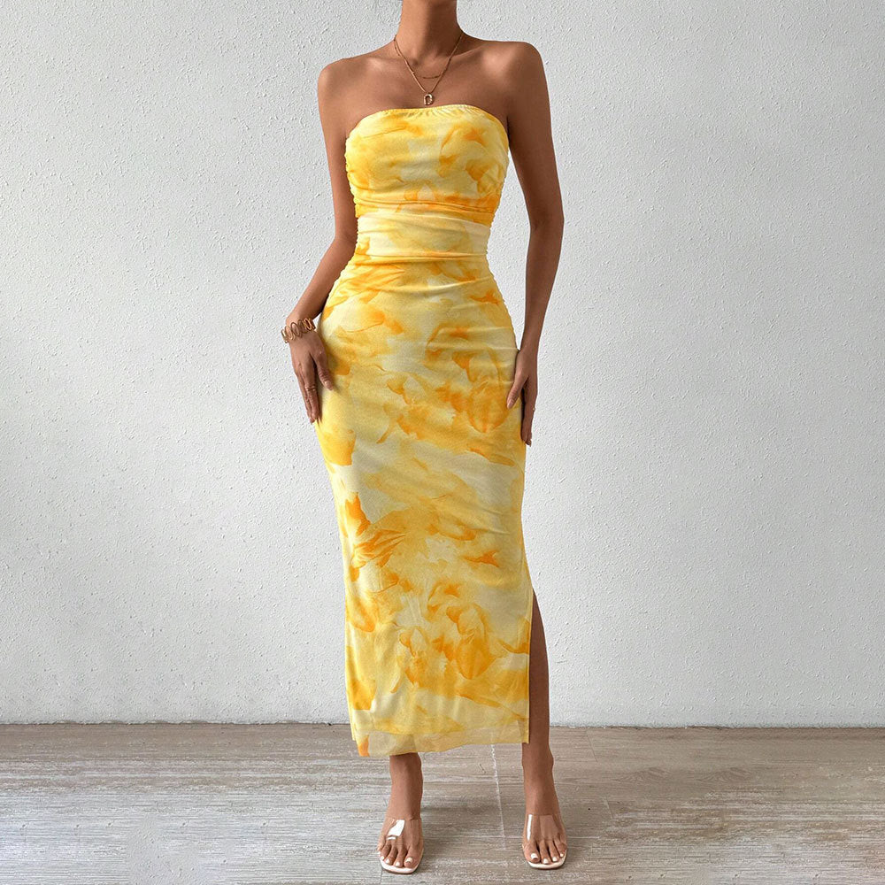 Damen Maxikleid mit Bandeau-Ausschnitt und hohem Schlitz Lang Eveloria