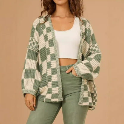 Damen Strickjacke Karomuster Weite Ärmel Beige Eveloria