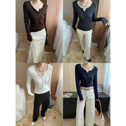 Damen Langarm Henley Shirt Rippenstrick Weiß