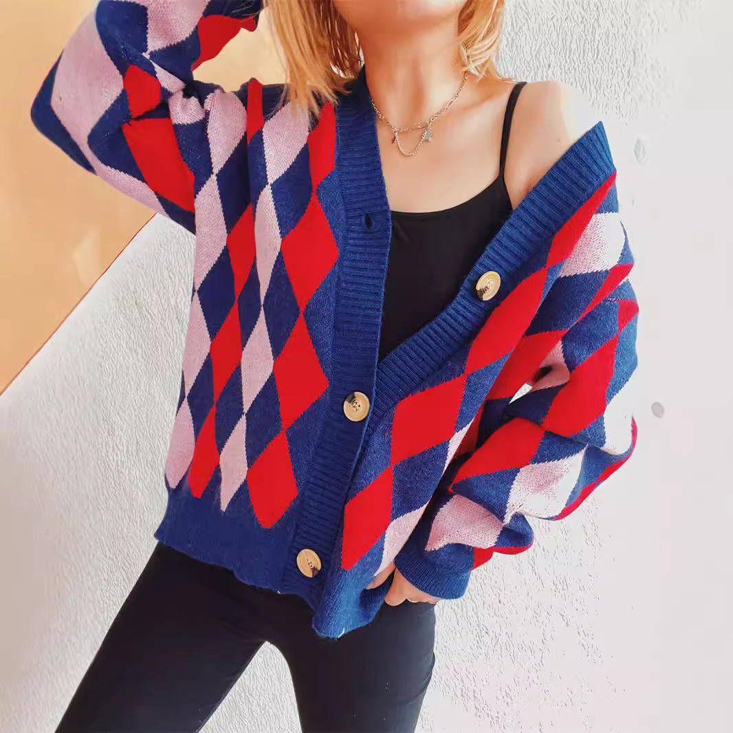 Damen Strickjacke Rautenmuster Große Knöpfe Eveloria - Eveloria