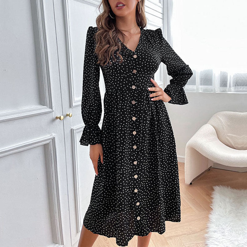 Damen Midi-Kleid Knöpfe Volantärmel Eveloria - Eveloria
