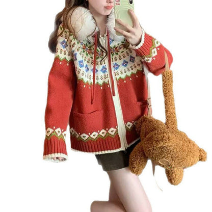 Damen Strickjacke Norwegermuster Kunstpelzkragen
