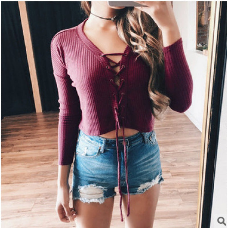 Damen Pullover Cropped Schnürung Eveloria