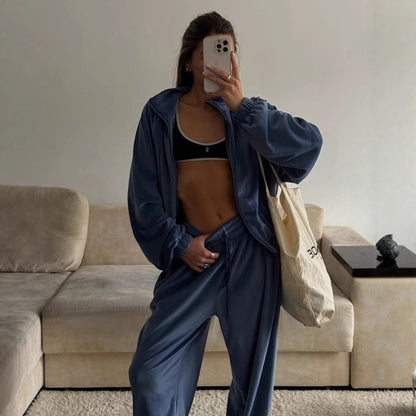 Damen Velours Jogginganzug Reißverschluss Gummizug Eveloria