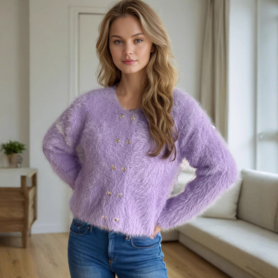 Damen Bolero Weich Gestrickt Herzknöpfe