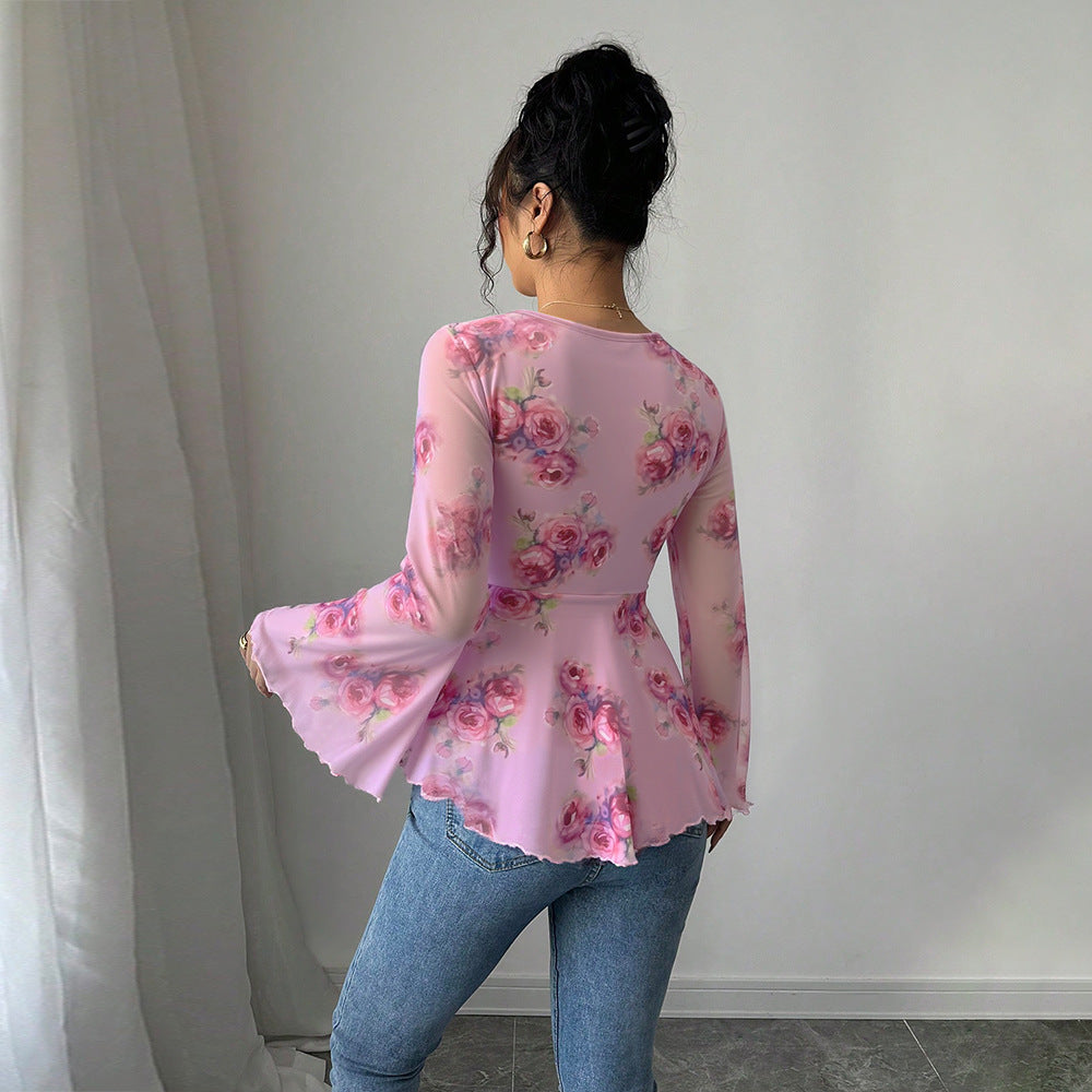 Damen Bluse Fließendes Blusenshirt Florales Design Verspielter Knoten