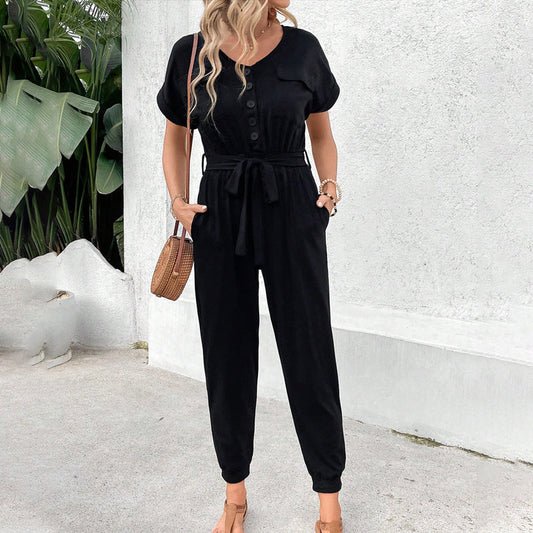 Damen Jumpsuit mit Taschen und verstellbarem Gürtel Schwarz Eveloria - Eveloria