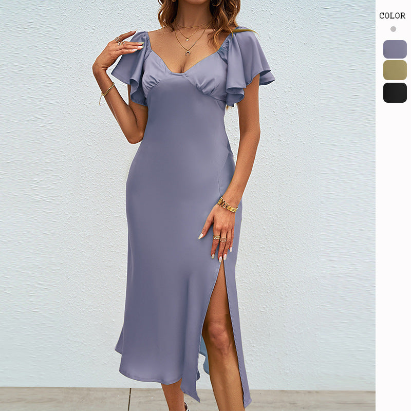 Damen Maxikleid Voluminöse Rüschenärmel Seitlicher Schlitz Eveloria - Eveloria