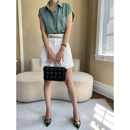 Damen Bluse Kurzarm Klassischer Hemdkragen Weiß
