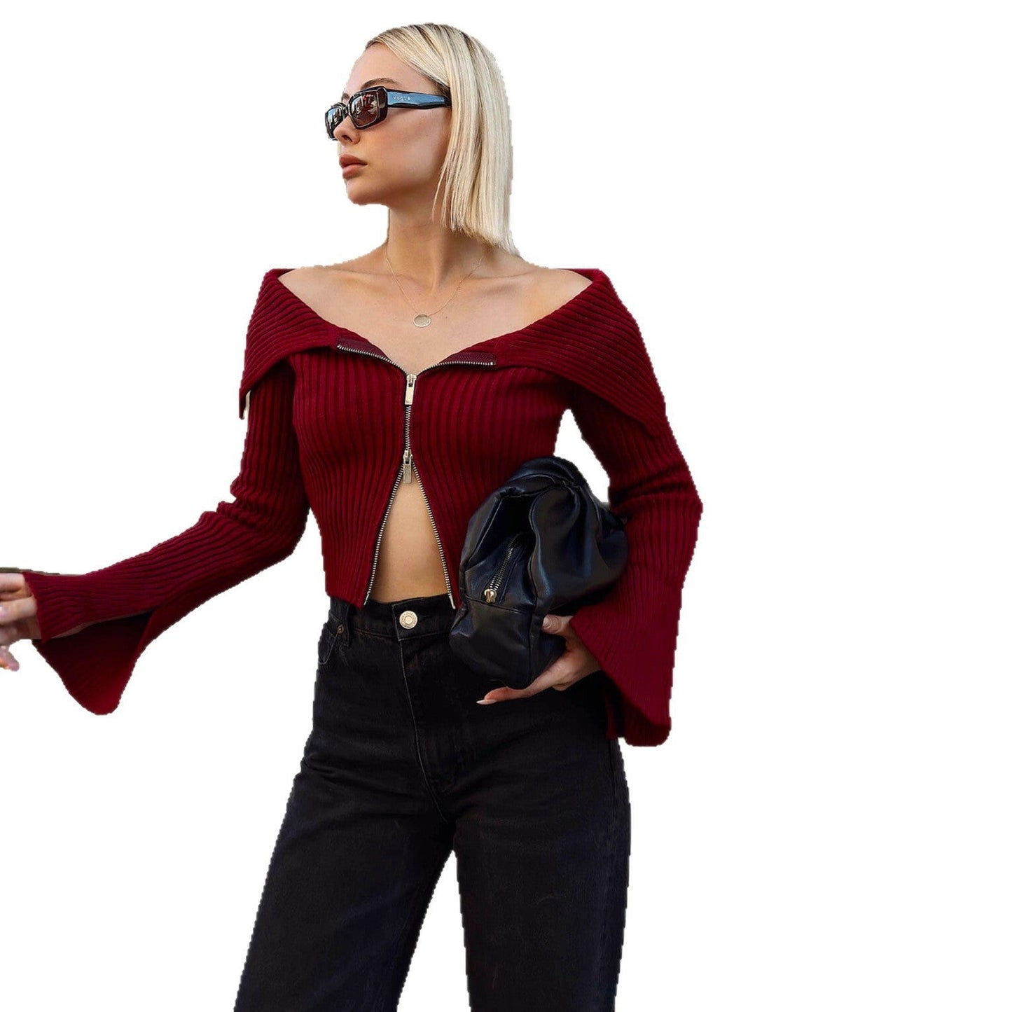 Damen Strickjacke Weites Ärmeldesign Reißverschluss Eveloria