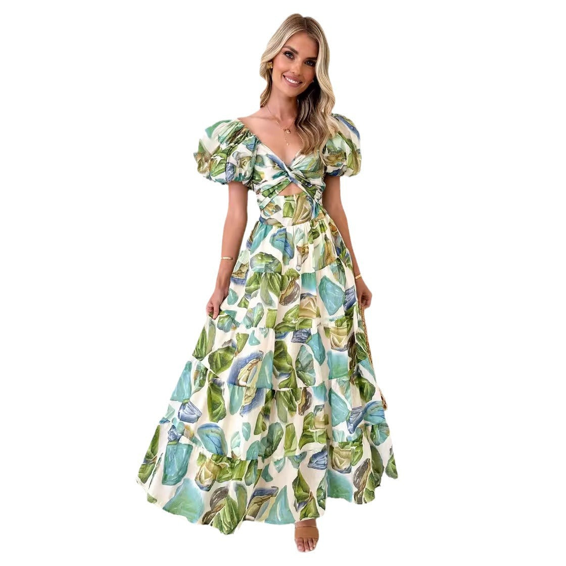 Damen Maxikleid Schulterfreies Design Puffärmel Eveloria