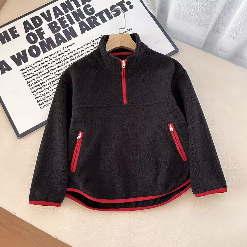 Damen Fleece-Pullover Hochkragen Reißverschlusstaschen Grau