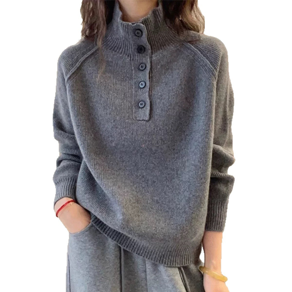 Damen Grobstrickpullover Hochkragen Dekorative Knöpfe Eveloria