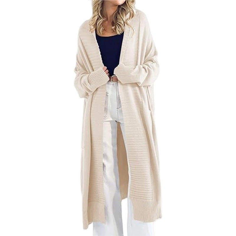 Damen Strickcardigan Lang mit Muster und Taschen Anthrazit