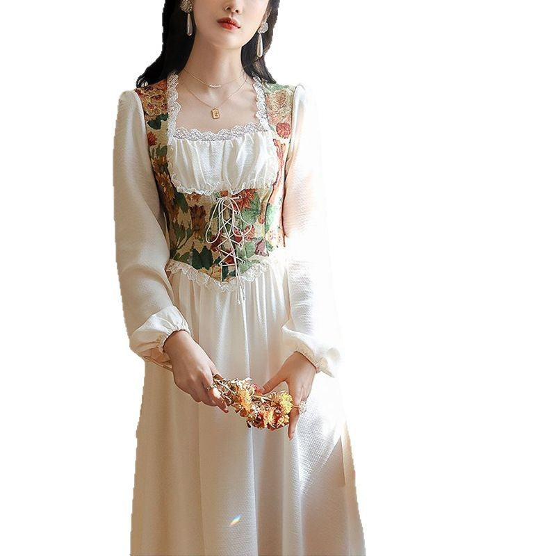 Damen Festkleid Florales Oberteil Länge Lang Ärmel