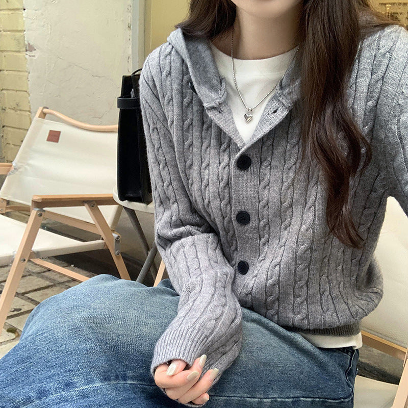 Damen Strickjacke Kapuze Knöpfe Beige