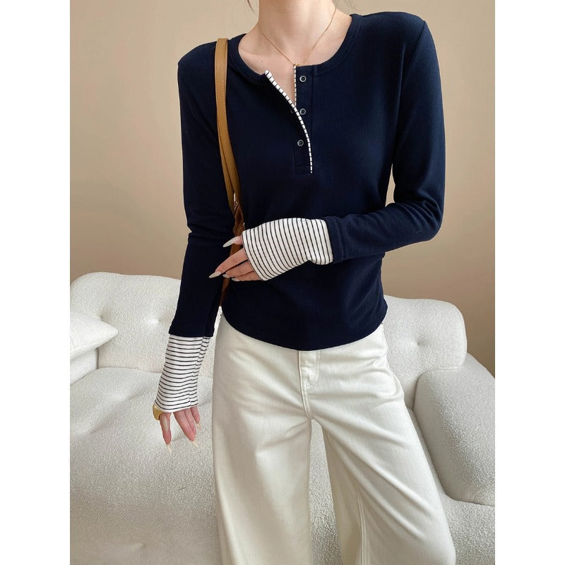 Damen Langarmshirt Gestreift mit Knopfverschluss - Eveloria