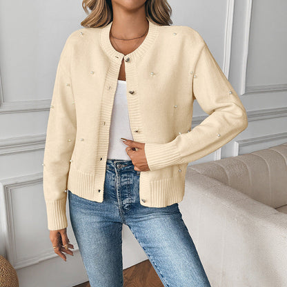 Damen Strickjacke Herzknöpfe Dekorative Perlen - Eveloria