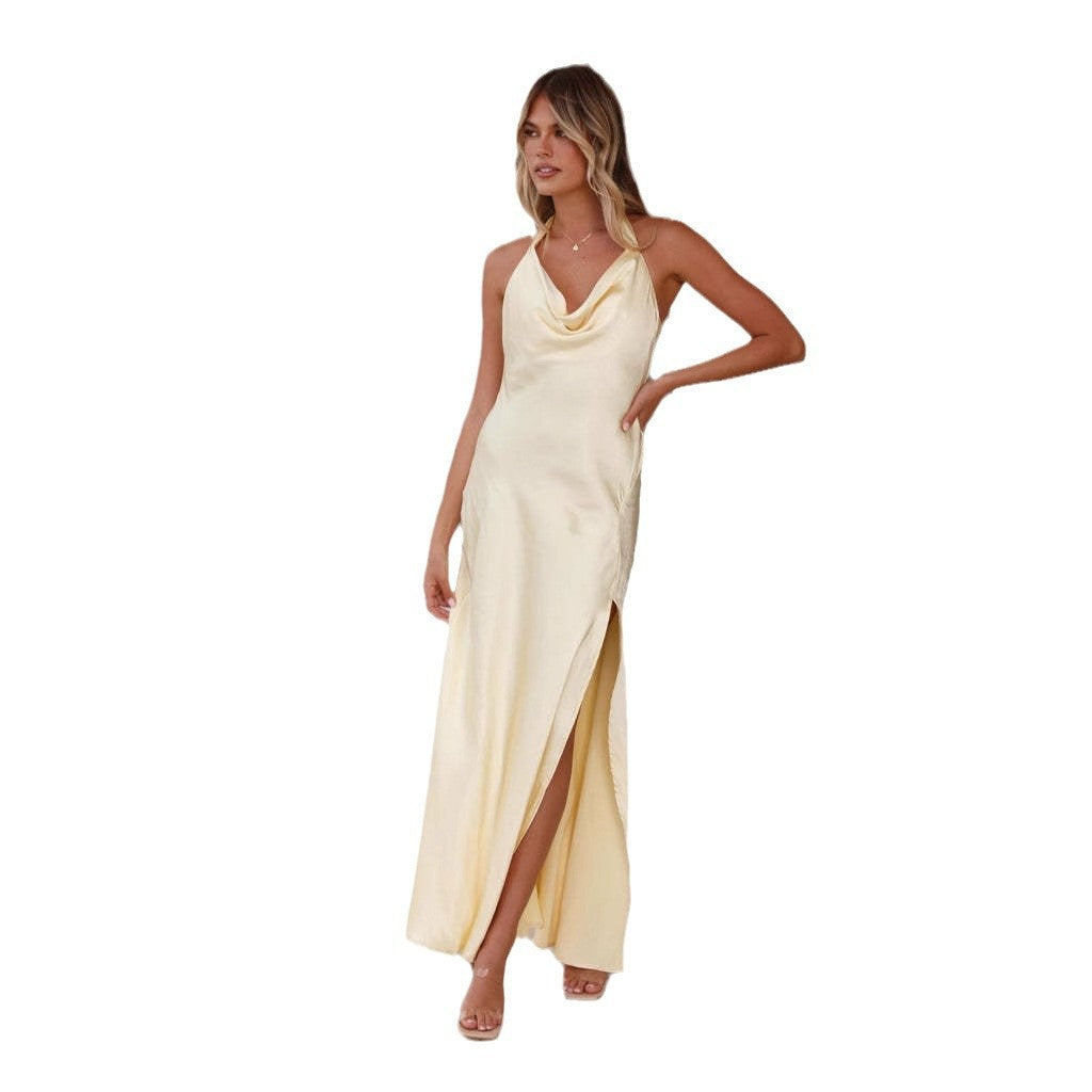 Damen Satin Maxikleid Tiefes Dekolleté Seitenschlitz Eveloria