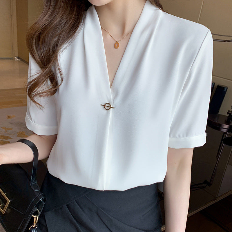 Damen Bluse V-Ausschnitt Pin-Verschluss Elegantes Design