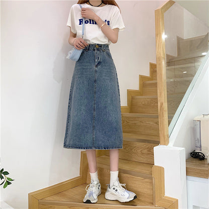 Damen Jeansrock Lang Hochtailliert Dekoratives Design Eveloria