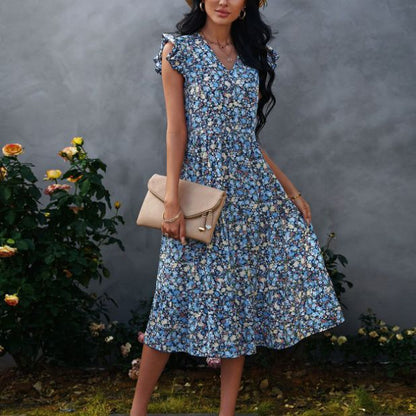 Damen A-Linien Kleid Rüschenärmel Floralmuster Eveloria