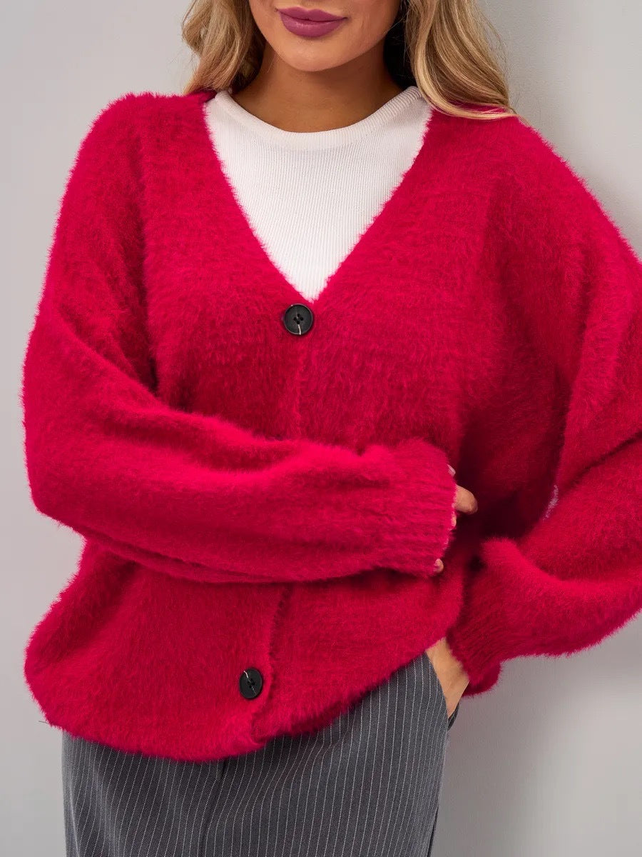 Damen Strickjacke Flauschig V-Ausschnitt Knöpfe