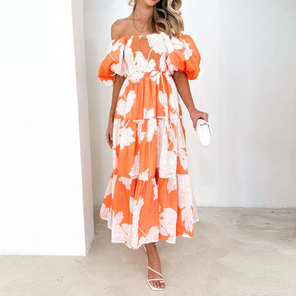 Damen Maxikleid Voluminöse Puffärmel Florales Design Eveloria