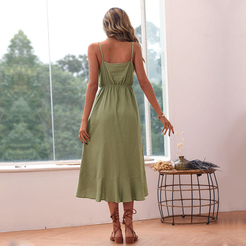 Damen Maxikleid Volant Knöpfe Eveloria
