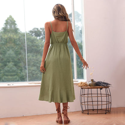 Damen Maxikleid Volant Knöpfe Eveloria