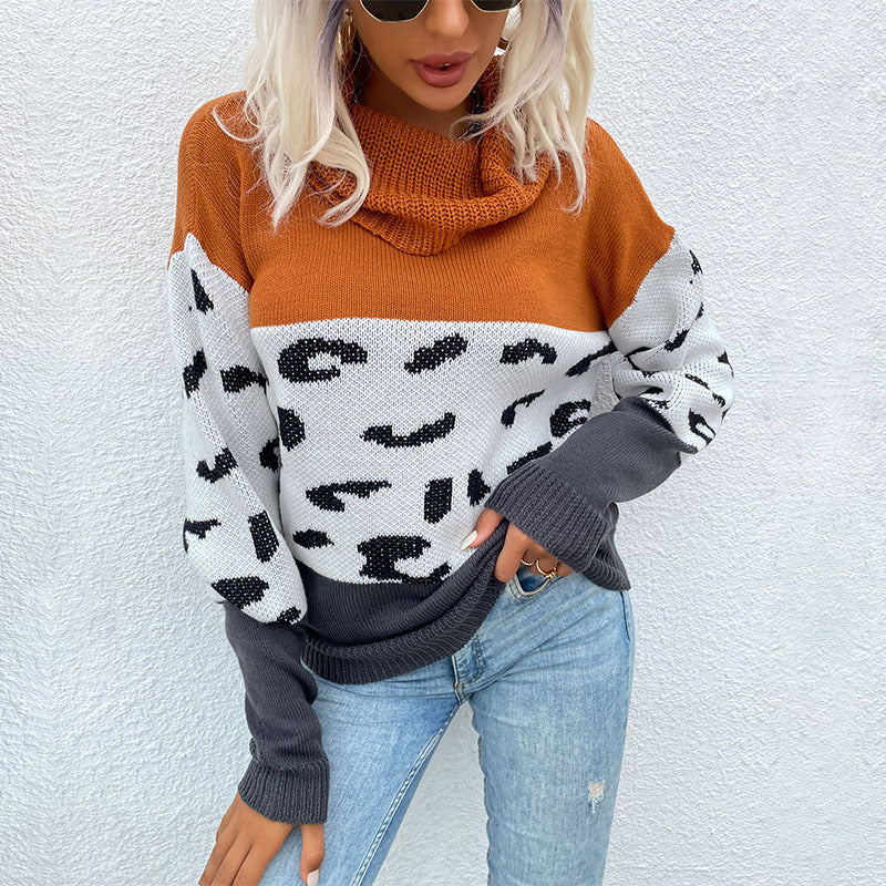 Damen Strickpullover Leo-Muster Hochkragen Grobstrick