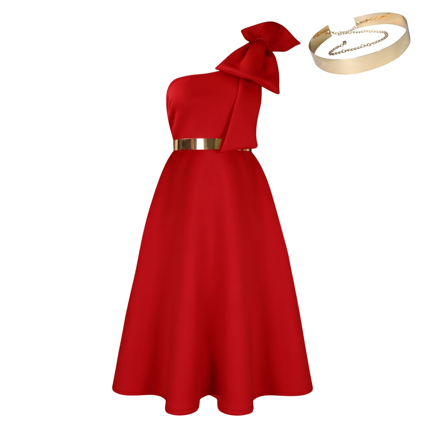 Damen Schulterfreies Kleid mit Halstuch und Goldener Akzent
