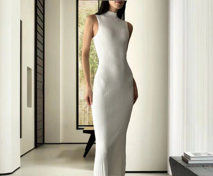 Damen Maxikleid Figurbetont Rippmuster Hochkragen Eveloria