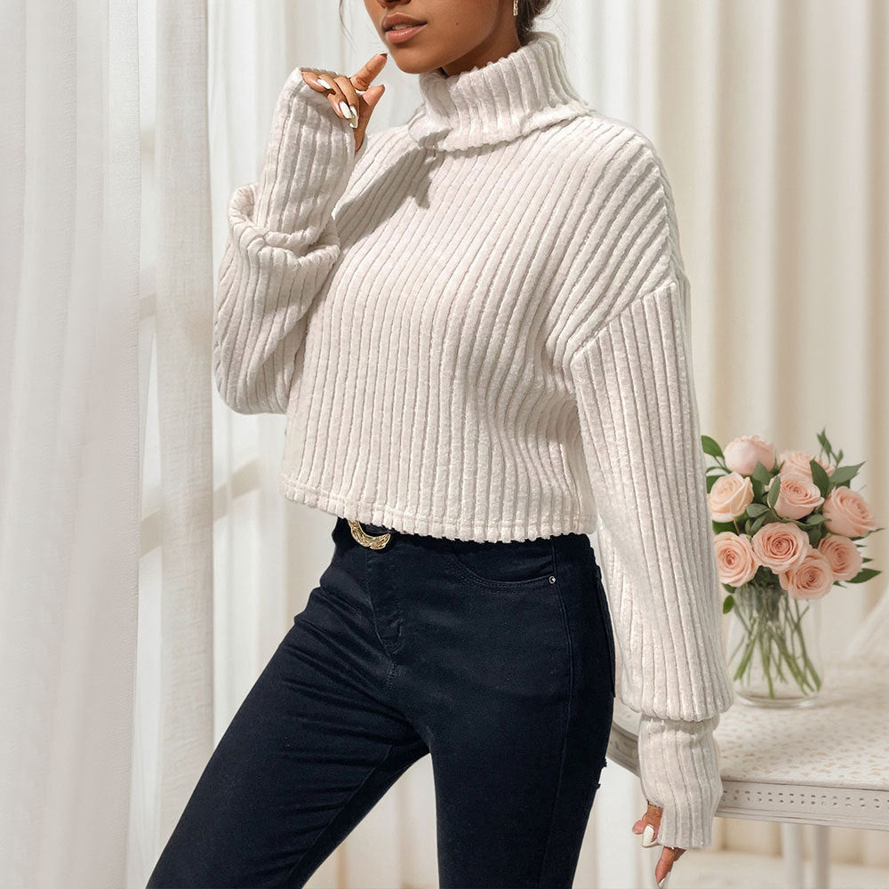 Damen Cropped Pullover Rippstruktur Hochkragen Beige