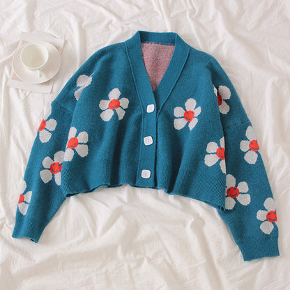 Damen Cardigan Grobstrick Floralmuster Knöpfe Beige