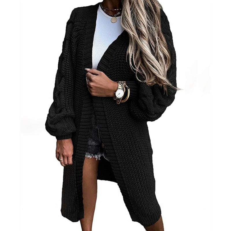 Damen Grobstrick Cardigan Voluminöse Ärmel Offene Front