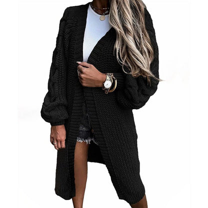 Damen Grobstrick Cardigan Voluminöse Ärmel Offene Front