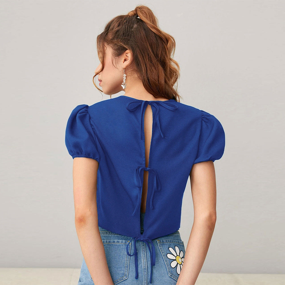 Damen Cropped mit Puffärmeln Rundhalsausschnitt - Eveloria