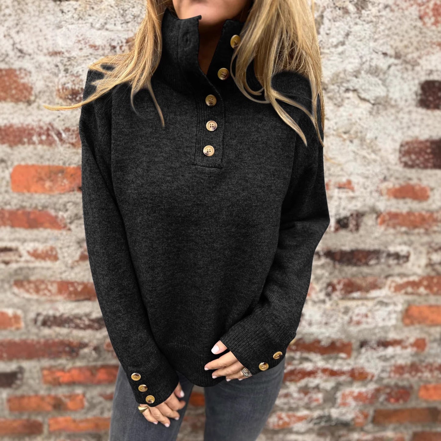 Damen Pullover Hohler Kragen Dekorative Knöpfe Eveloria