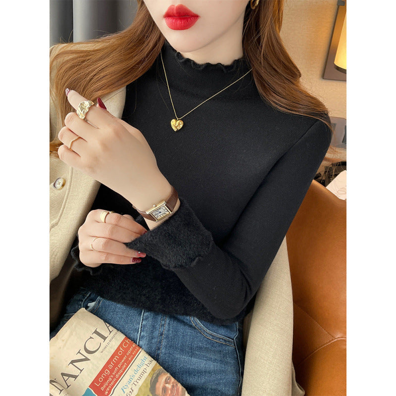 Damen Langarmshirt Rüschensaum Elegantes Design Weiß