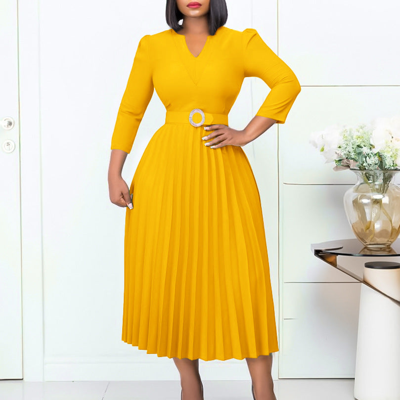 Damen Midikleid Plissé Optik Taillengürtel Eveloria