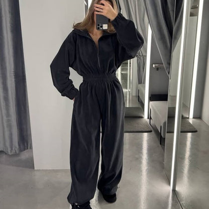 Damen Fleece-Jumpsuit Hochkragen Reißverschluss Eveloria