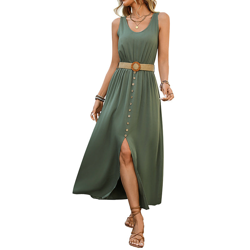 Damen Maxikleid Knopfdetails Seitenschlitz Eveloria