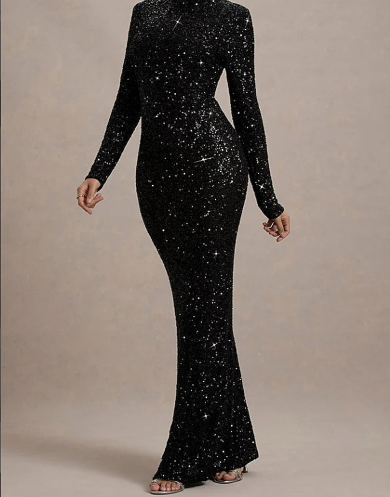 Damen Abendkleid Glitzernd Hochkragen Figurbetont Eveloria