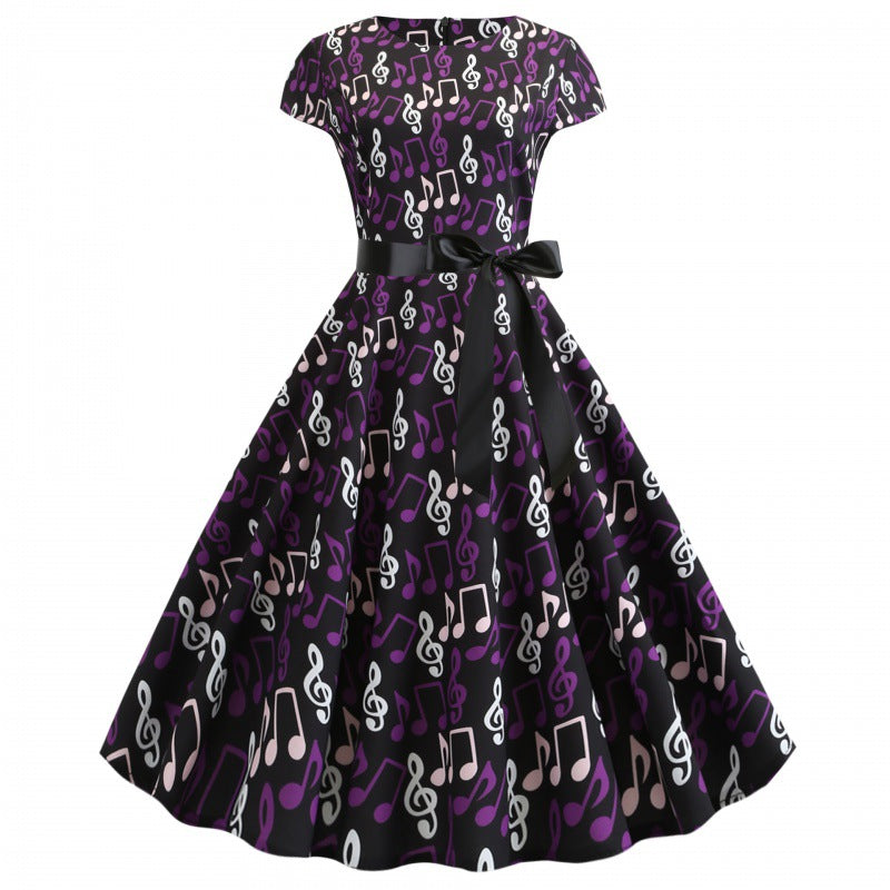 Damen Swing-Kleid Musisches Muster Taillengürtel Eveloria - Eveloria