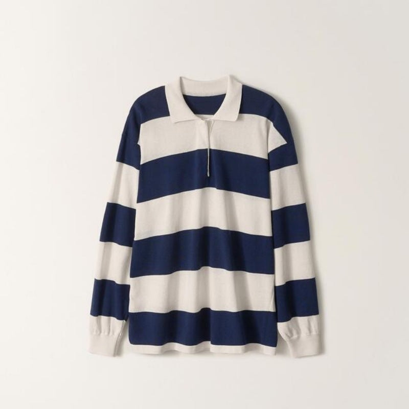 Damen Poloshirt Längsarm Gestreift Blau-Weiß